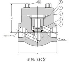  螺栓阀盖升降式锻钢止回阀 结构图1 